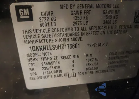 2017 GMC Acadia Sle-2 from USA, damaged, VIN 1GKKNLLS9HZ176601